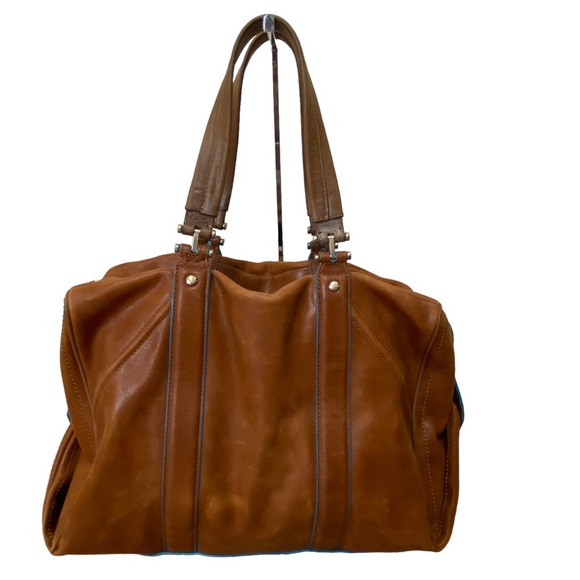 Olivia Harris tan leather tote shoulder bag subtle blue trim - Picture 4 of 12